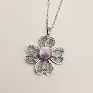 Vintage Filigree Flower Pendant Necklace Purple Lace Agate Openwork Scroll Link